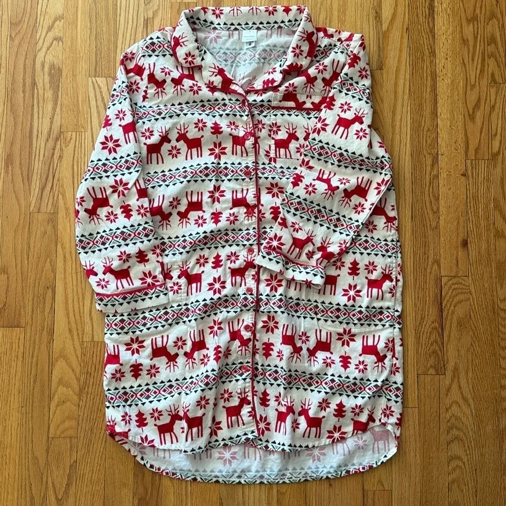 Hanna Andersson sz XL cotton Red and White Reindeer Pajama Top night gown VGUC